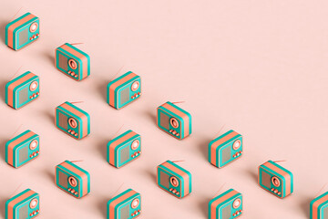 diagonals from vintage colorful radios. 3d render
