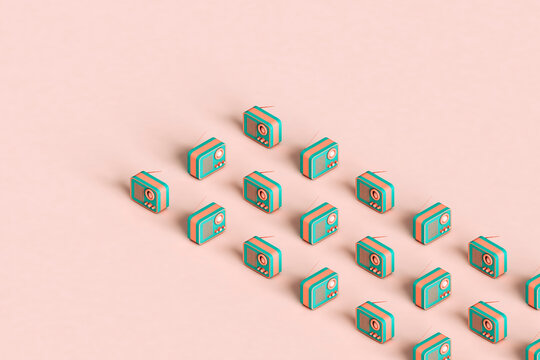 rows of retro radios on pink background. 3d render