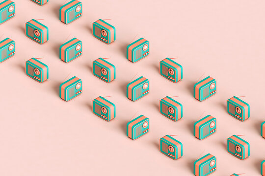 rows of retro radios on pink background. 3d render