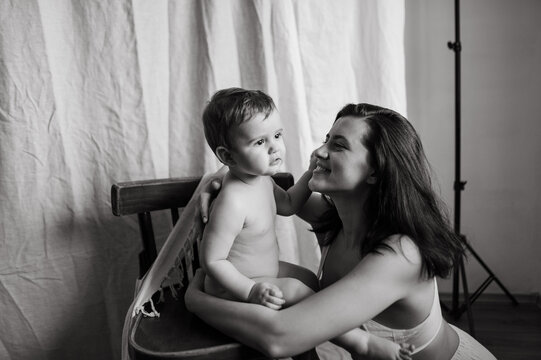 black and white portrait of woman and child