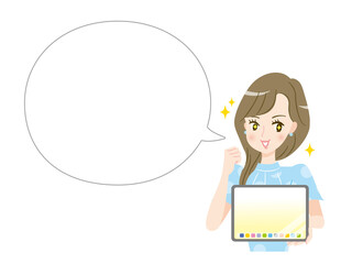 タブレットの画面を見てやる気になる若い女性と吹き出し