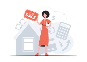 A woman stands in full growth with a poster for the sale of real estate. Property For Sale. Flat style. Element for presentations, sites.