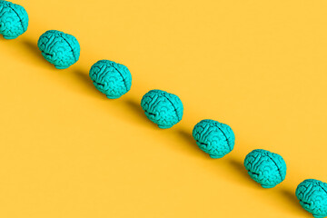 a row of blue brains. 3d render