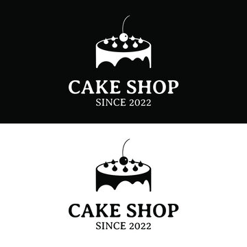Cake shop logo design in simple silhouette of tart with fruit illustration
