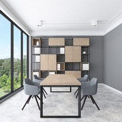 Minimalist loft meeting area with wood desk and  shelf, gray wall and concrete floor. 3d rendering