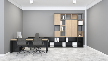 Minimalist loft manager area with modern desk and document shelf, gray wall and concrete floor. 3d rendering