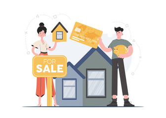 Fototapeta na wymiar A woman and a man stand in full growth selling real estate. Realtors. Flat style. Element for presentations, sites.