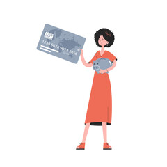 A woman stands in full growth with a piggy bank. Isolated. Flat style. Element for presentations, sites.
