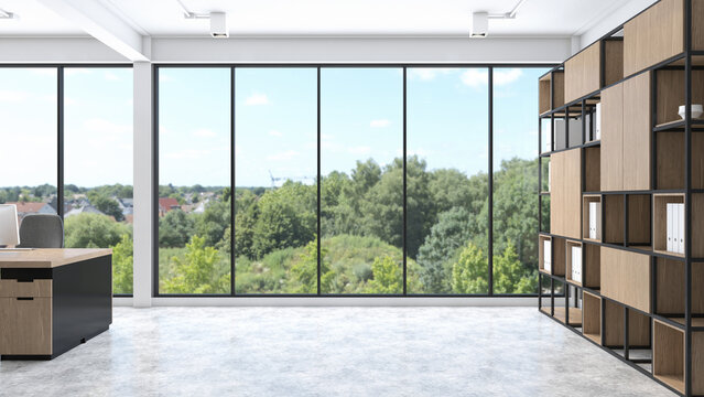 Minimalist loft empty area with wood shelf, frame window and concrete floor. 3d rendering