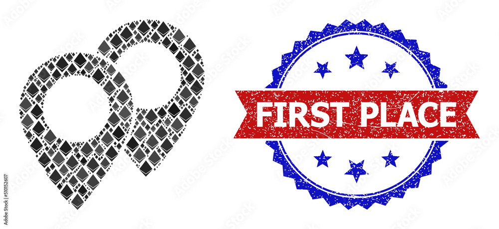 Poster vector crystal mosaic map markers icon, and bicolor dirty first place watermark. red round stamp has