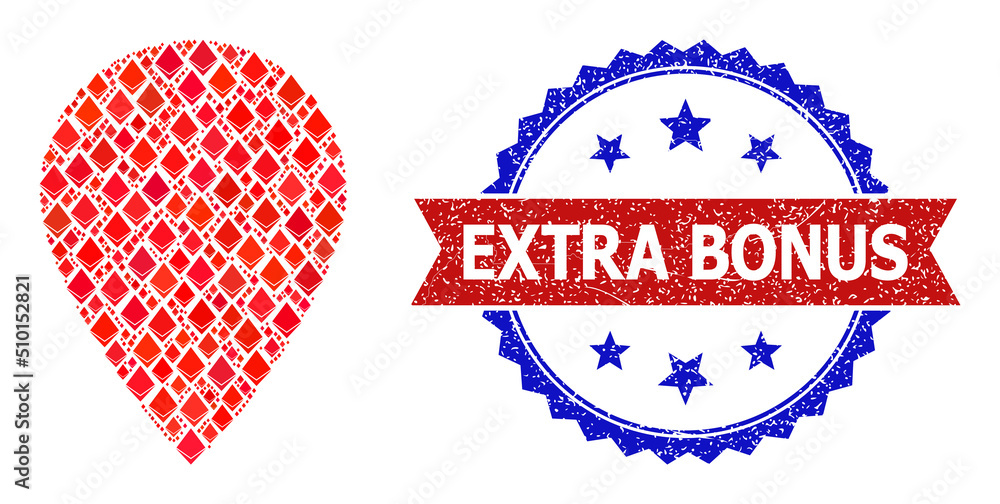 Poster vector gemstone collage map pointer icon, and bicolor unclean extra bonus stamp. red round stamp inc