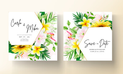 summer invitation card with tropical flower and leaves