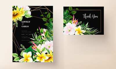 summer invitation card with tropical flower and leaves