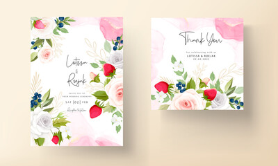 beautiful rose flower wedding invitation card with botanical strawberry and blueberry