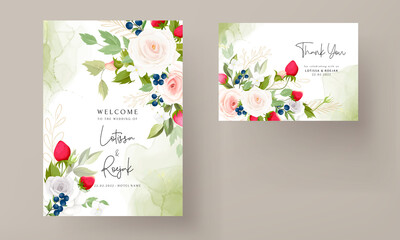 beautiful rose flower wedding invitation card with botanical strawberry and blueberry