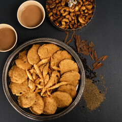 Indian Sweets / Mithai / Namkeen Mathi / Namakpara Spiced Cashews and Masala Tea