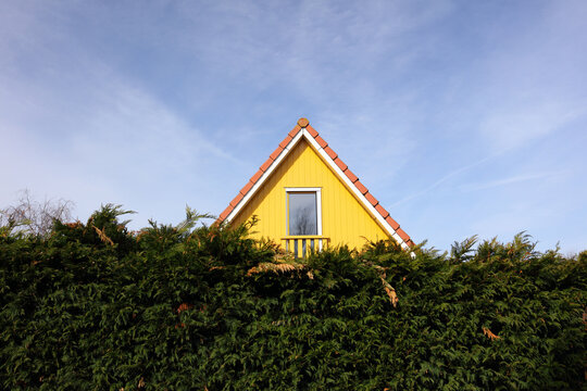 Yellow House Peeking Over A Hedge