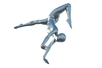 3D render of a silver bald female gymnast on a white background doing a handstand. 