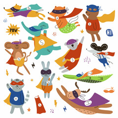 Set with animals in funny superhero costumes. Vector illustration on a white background for children's decoration and textiles.