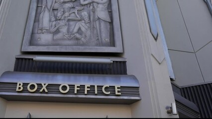 This panning video shows an art deco "box office" sign.
