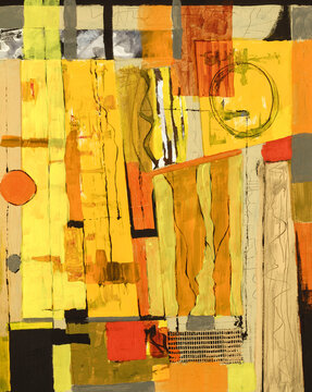 A collage of irregularly cut strips of painted paper.