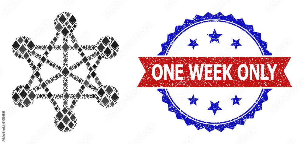 Poster vector jevel mosaic network links icon, and bicolor rubber one week only stamp. red round seal has o