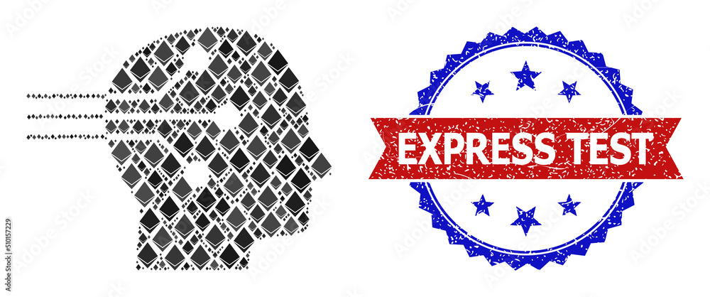 Poster vector jevel collage neural interface icon, and bicolor textured express test seal. red round seal h
