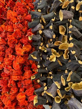 dry pepper and eggplants in the market