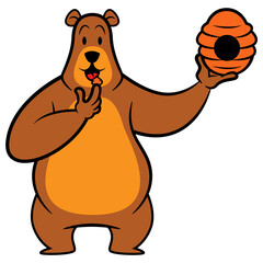 Cartoon illustration of Funny Bear holding a beehive and licking honey, best for sticker, mascot, logo, and decoration with wildlife themes for kids