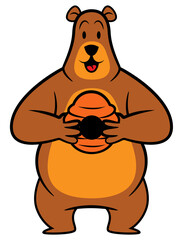 Cartoon illustration of Funny Bear holding a beehive, best for sticker, mascot, logo, and decoration with wildlife themes for kids