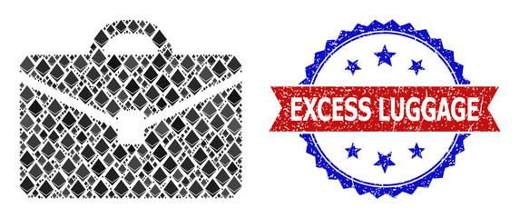 Vector crystal collage portfolio icon, and bicolor textured Excess Luggage seal stamp. Red round stamp seal includes Excess Luggage text inside circle.