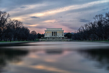 Scene of Abraham Lincoln Memorial at the twilight time, Washington DC, United States, history and...