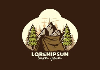 Camping tent in front of the mountain and between pine trees