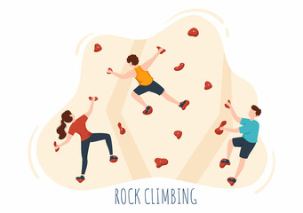 Rock Climbing with Climber Climbs Wall of Extreme Sportsmen and Sportswomen in Flat Cartoon background Illustration