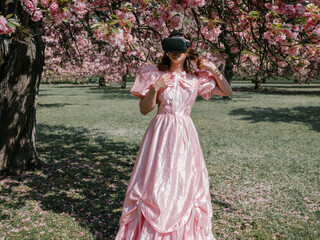 Girl in park in pink dress in Vr glasses