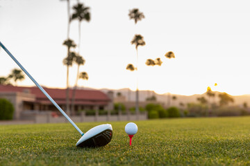 Golf ball on tee ready for tee off at golf course