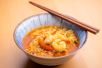 Korean spicy instant noodles with shrimp bowl
