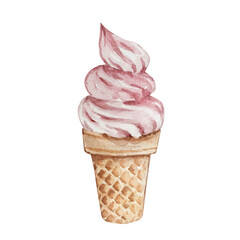 Watercolor ice cream pink in a cup..