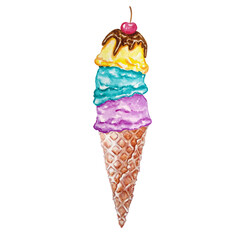 Watercolor ice cream fruit in a waffle cone cup