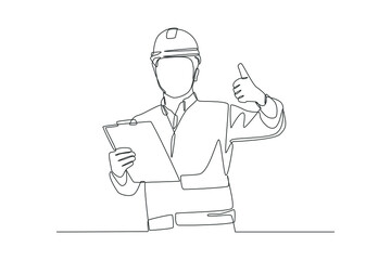 Continuous one line drawing construction worker using helmet and showing thumbs up outdoors. Road and building construction concept. Single line draw design vector graphic illustration.