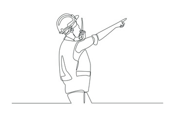 Continuous one line drawing engineer wears a uniform, wears a protective helmet, a walkie-talkie for communication. Road and building construction concept. Single line draw design vector illustration.