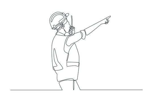 Continuous one line drawing engineer wears a uniform, wears a protective helmet, a walkie-talkie for communication. Road and building construction concept. Single line draw design vector illustration.