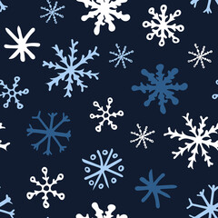 Fototapeta na wymiar Seamless Pattern with White and Blue Snowflakes on Dark Blue Background. Abstract Hand-Drawn Doodle Snowflakes.