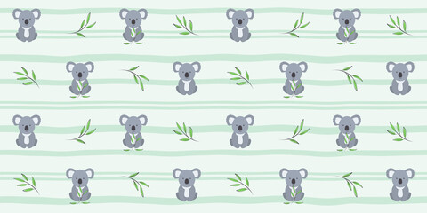 Cute koala with eucalyptus twigs on a green striped background. Endless texture with adorable Australian animal. Vector seamless pattern for wrapping paper, surface texture, cover, printing on clothes © KuraitennoDesign
