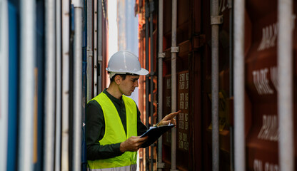 Foreman checking and control loading containers. Working in cargo container warehouse industry factory site in export, import, and transportation concept.