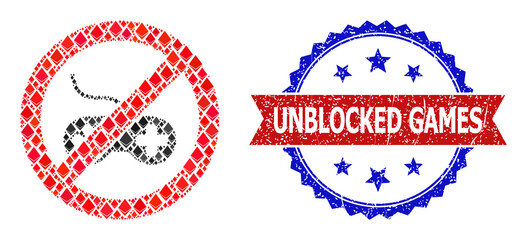 Vector diamond collage stop videogames icon, and bicolor scratched Unblocked Games stamp. Red round stamp contains Unblocked Games caption inside circle.