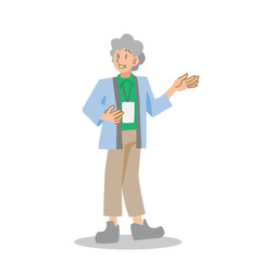 観光地を案内するシニアガイドの女性