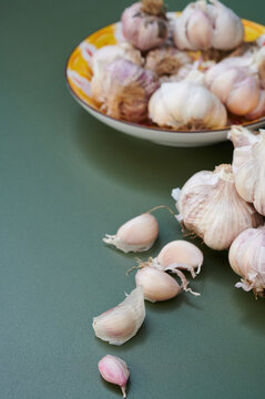 Purple organic garlic cloves and bulbs