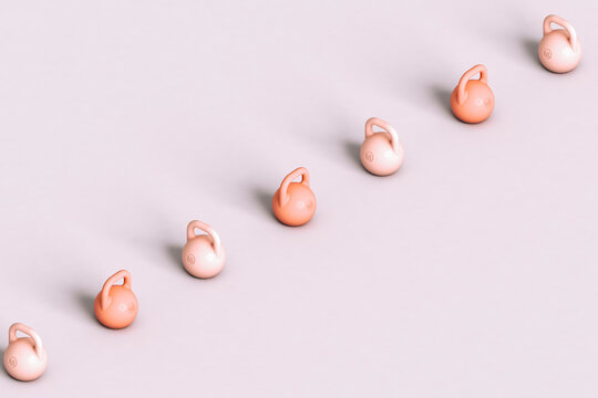 a row of kettlebells. 3d render with copy space