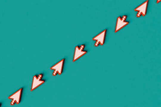 a row of arrow cursors 3d render with copy space